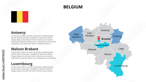 Belgium vector map infographic template divided by countries. Slide presentation