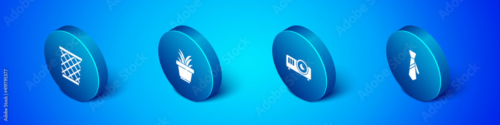 Set Isometric Trash can, Movie, film, media projector, Tie and Plant in pot icon. Vector.