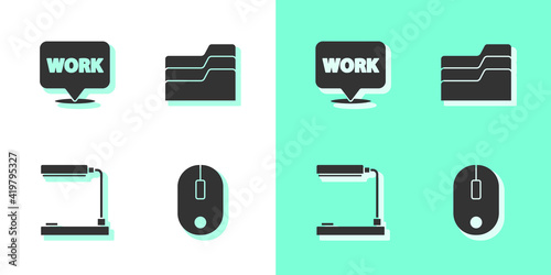 Set Computer mouse, Location with text work, Table lamp and Document folder icon. Vector.