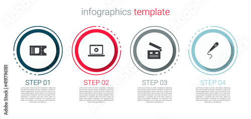 Set Cinema ticket, Online play video, Movie clapper and Microphone. Business infographic template. Vector.
