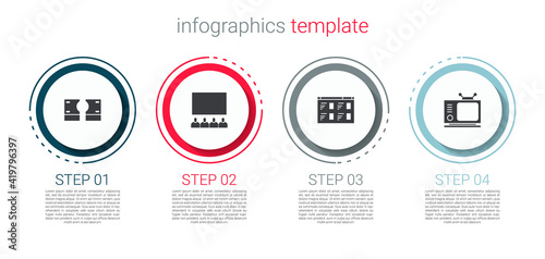 Set Stacks paper money cash, Cinema auditorium with screen, Online play video and Retro tv. Business infographic template. Vector.