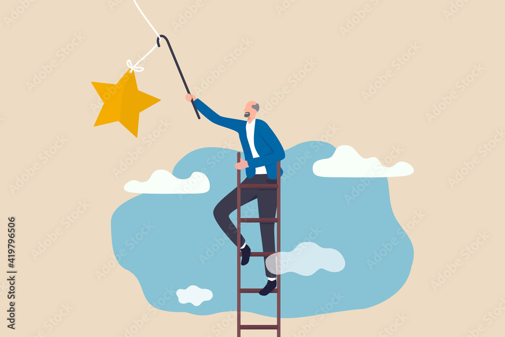 Retirement pension fund target, financial planning for retiree or success retirement life concept, elderly senior retired man climbing up ladder to the top high into the sky to grab the star. - obrazy, fototapety, plakaty 