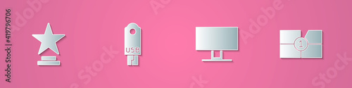 Set paper cut Movie trophy, USB flash drive, Smart Tv and Old film movie countdown frame icon. Paper art style. Vector.