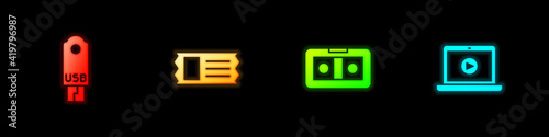Set USB flash drive, Cinema ticket, VHS video cassette tape and Online play icon. Vector.