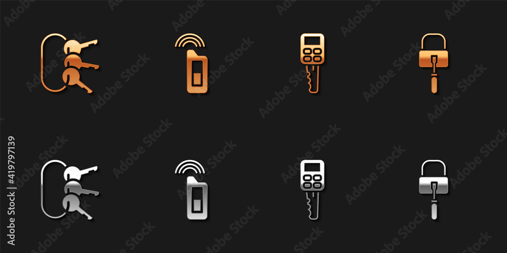 Set Bunch of keys, Car with remote, and Lock picks for lock picking icon. Vector. Set Bunch of keys, Car with remote, and Lock picks for lock picking icon. Vector.
