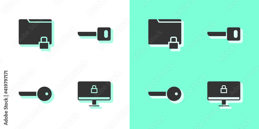 Set Lock on computer monitor, Folder and lock, Key and icon. Vector. Set Lock on computer monitor, Folder and lock, Key and icon. Vector.