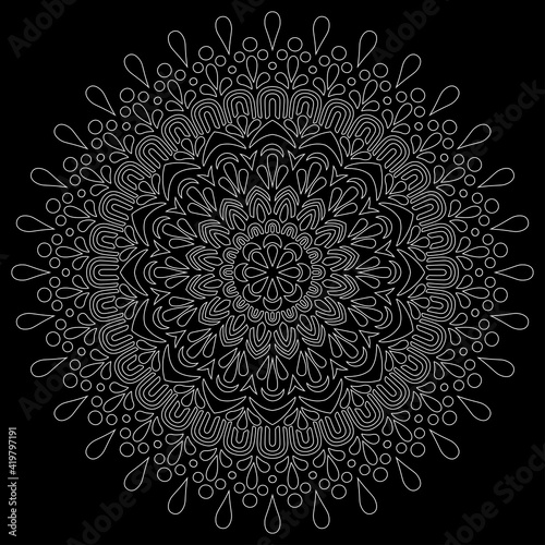 White outline mandala on a black doodles sketch good mood