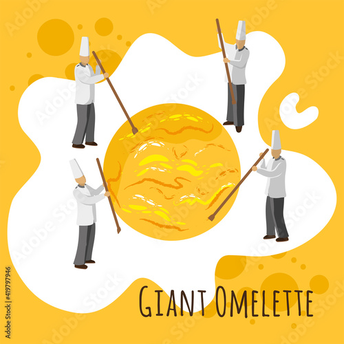Celebration Of The Giant Omelette. Chefs prepare a huge omelet for the holiday. Vector isolated on a white background.
