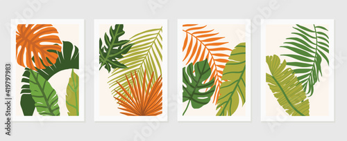Abstract art nature background vector. Modern shape line art wallpaper. Boho foliage botanical tropical leaves and floral pattern design for home deco, wall art, social media post and story background