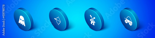Set Isometric Executioner mask, Windmill, Wooden four-wheel cart and Medieval bow and arrow icon. Vector.