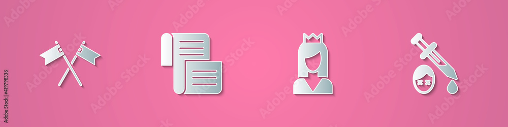 Set paper cut Crossed medieval flag, Decree, parchment, scroll, Princess and Sword with blood icon. Paper art style. Vector. Set paper cut Crossed medieval flag, Decree, parchment, scroll, Princess and Sword with blood icon. Paper art style. Vector.