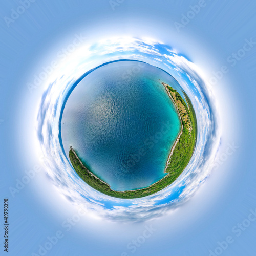 Wallpaper Mural 360 panorama globe, Planet ocean and green trees and beach with nature and clouds around Torontodigital.ca