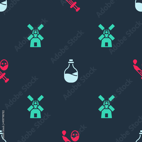 Set Sword with blood, Old bottle of wine and Windmill on seamless pattern. Vector.