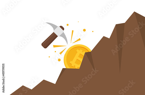 Bitcoin mining concept with pickaxe and coin flat vector