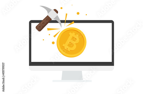 Bitcoin mining concept with pickaxe and coin flat vector