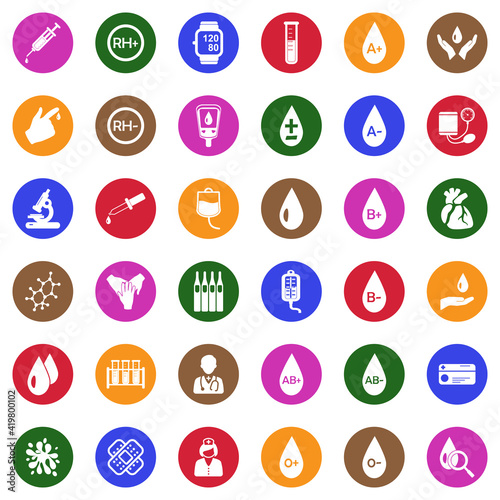 Blood Icons. White Flat Design In Circle. Vector Illustration.