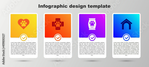 Set Heart with animals footprint, Veterinary clinic, Bag of food and Dog house. Business infographic template. Vector.