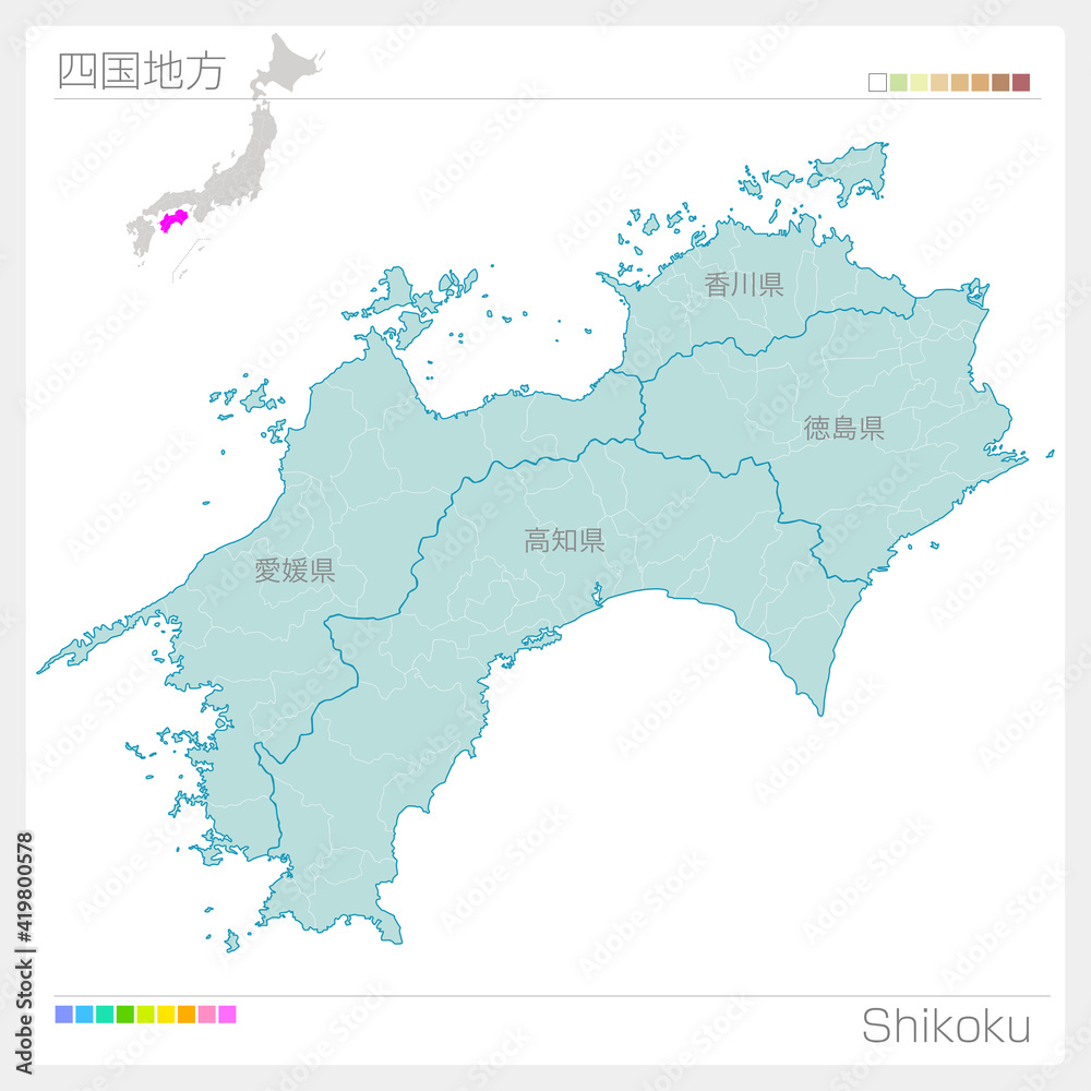 四国地方の地図・Shikoku（市町村・区分け）
