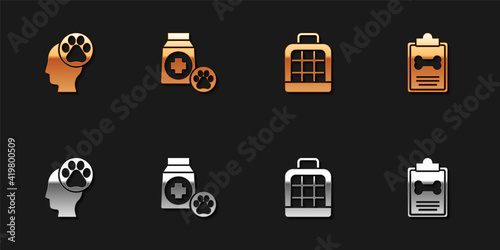 Set Human with animals footprint, Bag of food, Pet carry case and Clinical record pet icon. Vector.