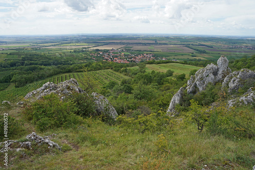 Palava Hills aerial panoramic view, rocks and vineyards, Moravia, Czech Republic
