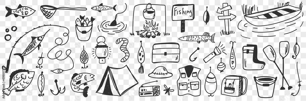 Obraz premium Fishing tools and accessories doodle set. Collection of hand drawn hooks camping worm clothing bucket fishes bonfire lamp for fishing on nature hobby leisure active rest on transparent background