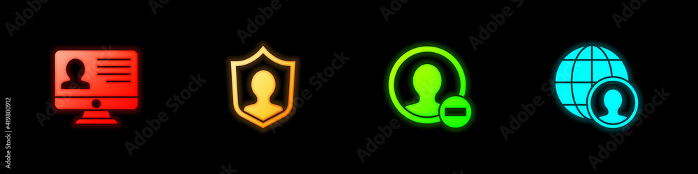 Set Monitor with resume, User protection, Create account screen and Globe and people icon. Vector.