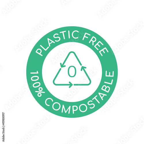 Plastic free 100% compostable icon. Recycle triangle and number zero in a green circle. Zero plastic label. Eco friendly biodegradable bpa free product packaging. Vector illustration, flat, clip art.