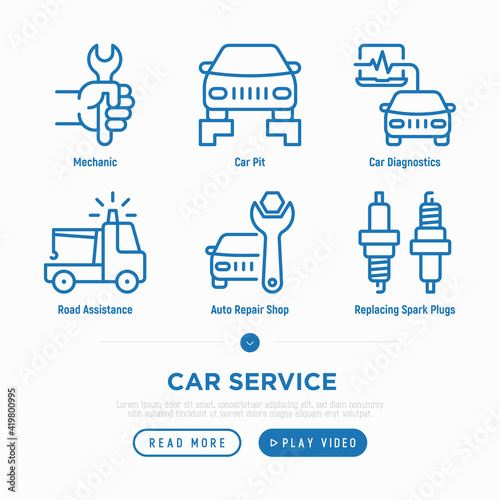 Car service thin line icons set: mechanic, car pit, computer diagnostics, road assistance, replacing spark plugs. Pixel perfect, editable stroke Vector illustration