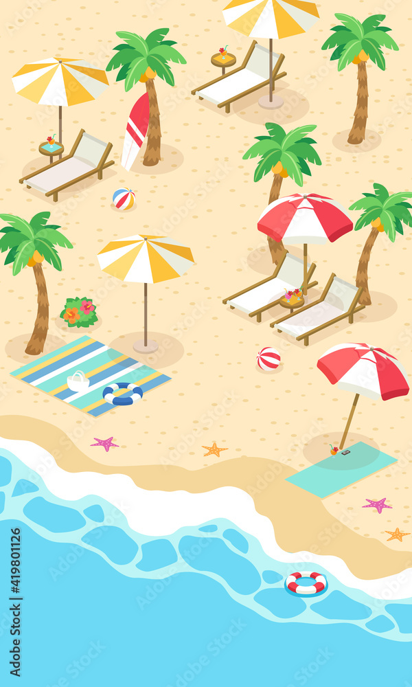 夏の海と砂浜のベクターイラスト縦 アイソメトリック アイソメ Stock Vector Adobe Stock