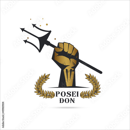 Logo  hand holding  trident of greek god Poseidon