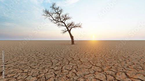 Concept or conceptual desert landscape with a parched tree as a metaphor for global warming and climate change. A warning for the need to protect our environment and future 3d illustration