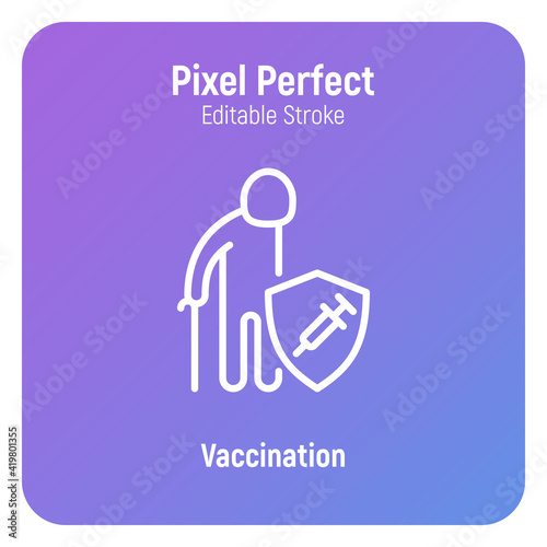 Coronavirus vaccination. Virus protection: elderly man is protected by shield with vaccine. Immune system, antibiotics. Thin line icon. Pixel perfect, editable stroke. Vector illustration.