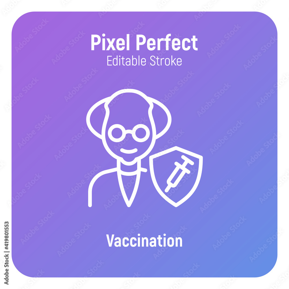 Coronavirus vaccination. Virus protection: elderly man is protected by shield with vaccine. Immune system, antibiotics. Thin line icon. Pixel perfect, editable stroke. Vector illustration.