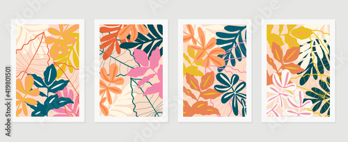 Abstract art nature background vector. Modern shape line art wallpaper. Boho foliage botanical tropical leaves and floral pattern design for home deco, wall art, social media post and story background