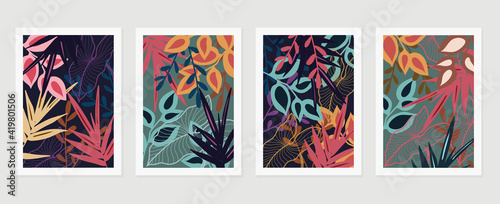Abstract art nature background vector. Modern shape line art wallpaper. Boho foliage botanical tropical leaves and floral pattern design for home deco, wall art, social media post and story background