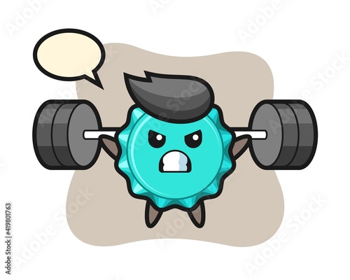 bottle cap mascot cartoon with a barbell