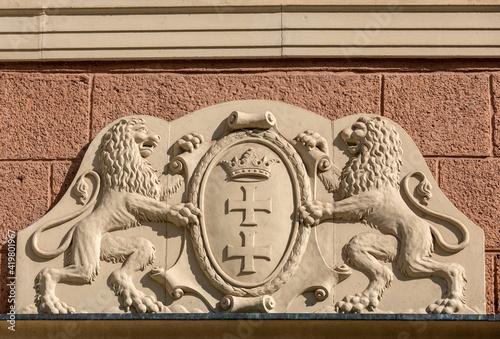 The large coat of arms of the city of Gdansk, Pomerania, Poland