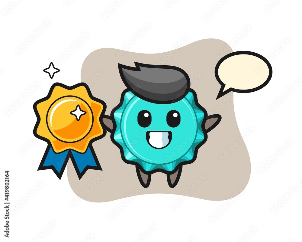 bottle cap mascot illustration holding a golden badge