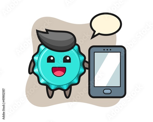 bottle cap illustration cartoon holding a smartphone