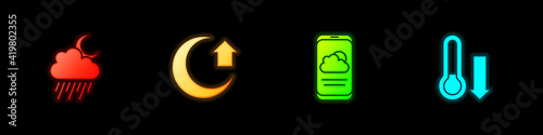 Set Cloud with rain and moon, Moon, Weather forecast and Meteorology thermometer icon. Vector.