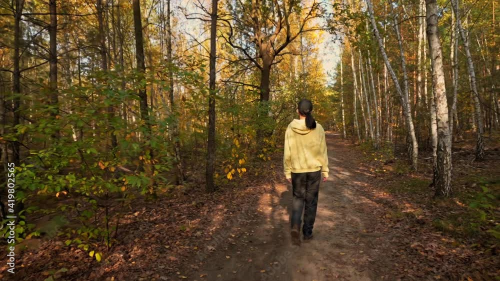 back view woman in yellow hoodie walks in autumn forest slow motion active lifestyle back view woman in yellow hoodie walks in autumn forest slow motion active lifestyle