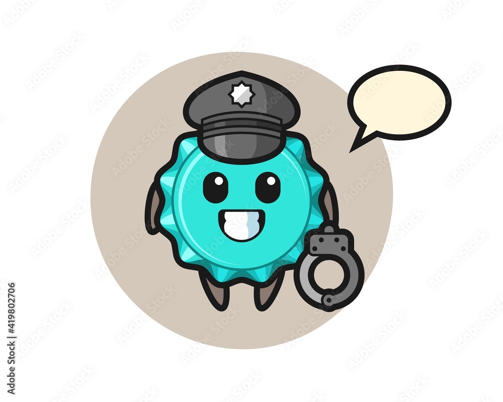 Naklejka premium Cartoon mascot of bottle cap as a police