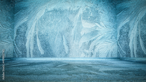 abstract three-dimensional empty room with frosty pattern on the wall and floor. background with empty space. 3d render illustration