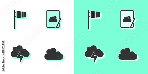 Set Cloud, Cone windsock wind vane, Storm and Weather forecast icon. Vector.