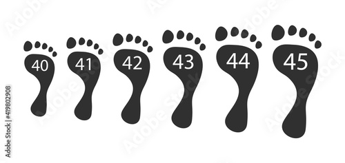 Foot human sizes. Black prints of bare feet from 40 to 45 volumes anatomy selection.