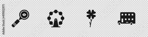 Set Magnifying glass, London eye, Four leaf clover and Double decker bus icon. Vector.