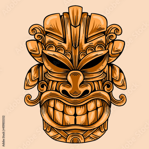 isolated, illustration, face, cartoon, mask, design, symbol, hawaii, wood, tiki, hawaiian, polynesian, tropical, bar, african, culture, wooden, statue, god, traditional, flat, vector, totem, icon, ret