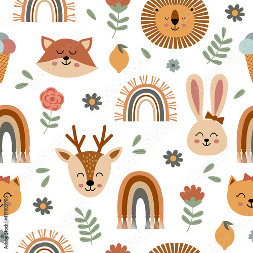 seamless pattern with cute animal faces and rainbows
