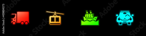 Set Delivery cargo truck, Cable, Cruise ship and Car icon. Vector.