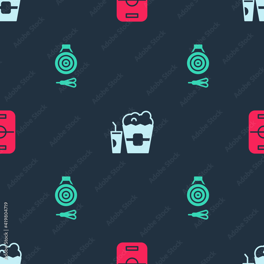 Set Hockey table, Popcorn in box and glass and Classic dart board arrow on seamless pattern. Vector. Set Hockey table, Popcorn in box and glass and Classic dart board arrow on seamless pattern. Vector.